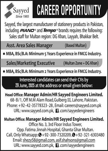Area Sales Manager, Sales Marketing Executive Jobs in Sayyed Lahore